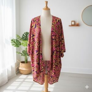 LuLaRoe Kimono Wrap Cardigan Women's Medium M Pink Yellow Rose Floral Open Front